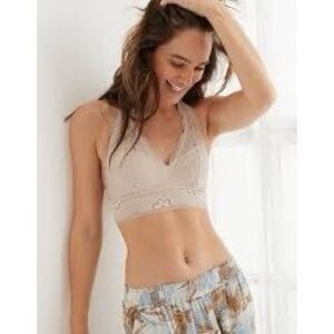 AERIE Women’s Soft Beige Satin Lace Padded Halter Bralette Size Large